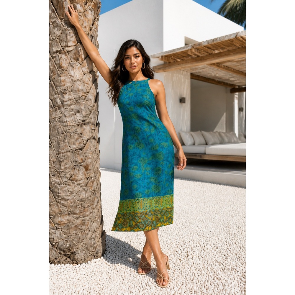 AGB Byer California‎ Teal Green Abstract Print Beaded Strap Maxi Dress Size 10